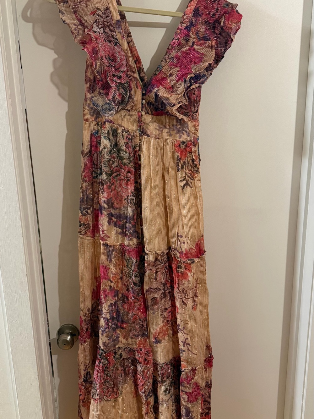 Hamant & nandita- Tiered Maxi Dress in Beige and Pink